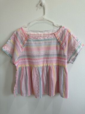Anthropologie Pastel Striped Peplum Short-Sleeve Top - Pink